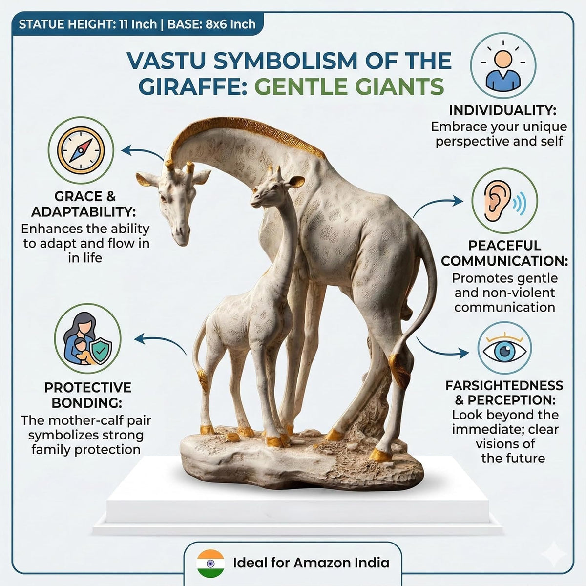 White Giraffe Mother & Baby Statue with Gold Accents | Resin Animal Showpiece for Home Decor Tabletop | Vastu Symbol of