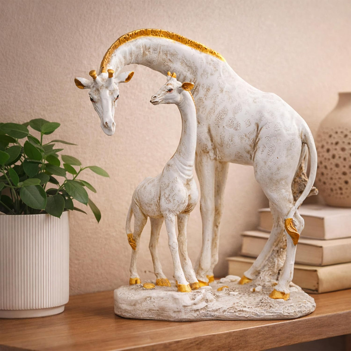 White Giraffe Mother & Baby Statue with Gold Accents | Resin Animal Showpiece for Home Decor Tabletop | Vastu Symbol of