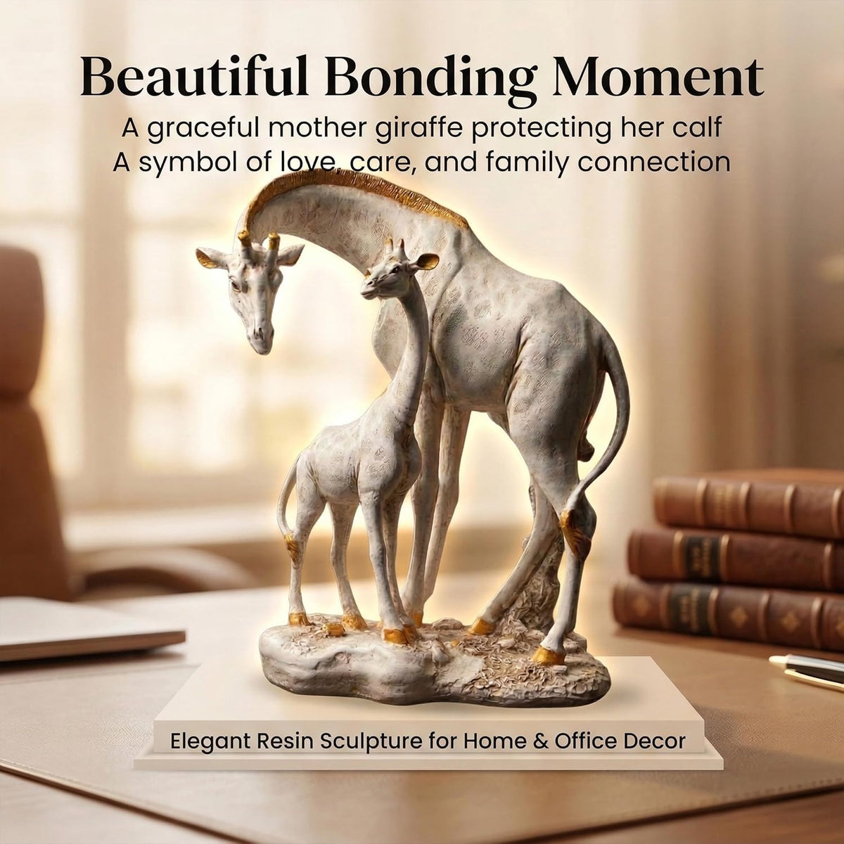 White Giraffe Mother & Baby Statue with Gold Accents | Resin Animal Showpiece for Home Decor Tabletop | Vastu Symbol of