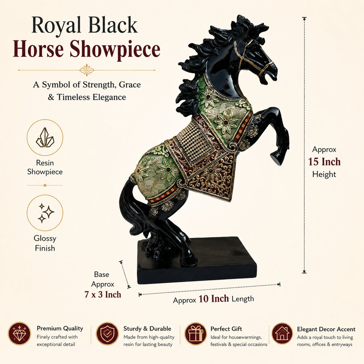 Black Horse Statue Showpiece for Home Decor, Resin, 15 Inch