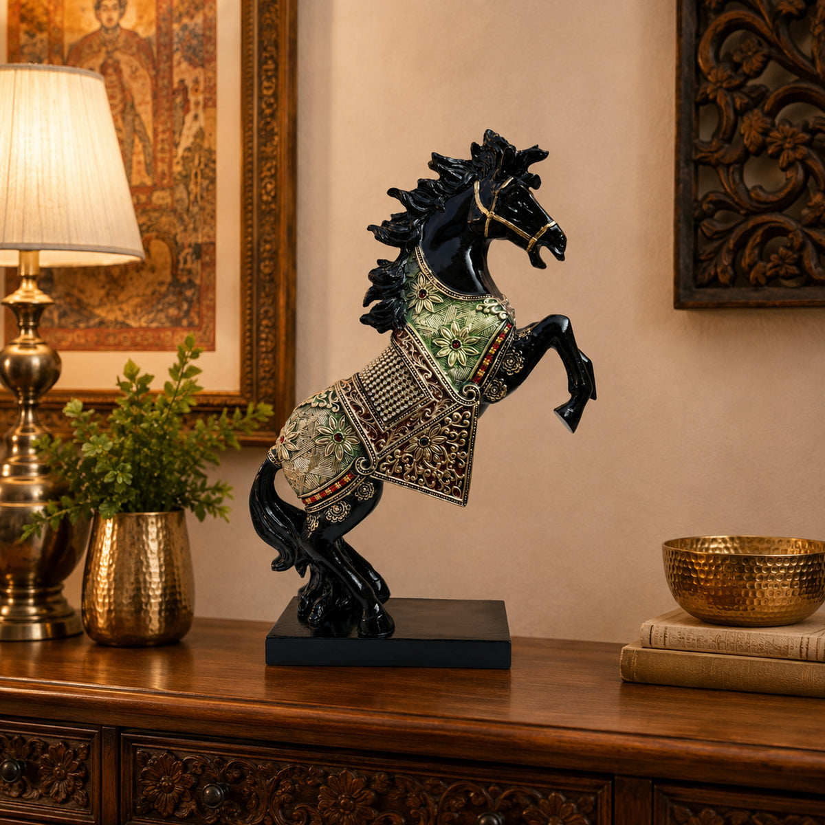 Black Horse Statue Showpiece for Home Decor, Resin, 15 Inch