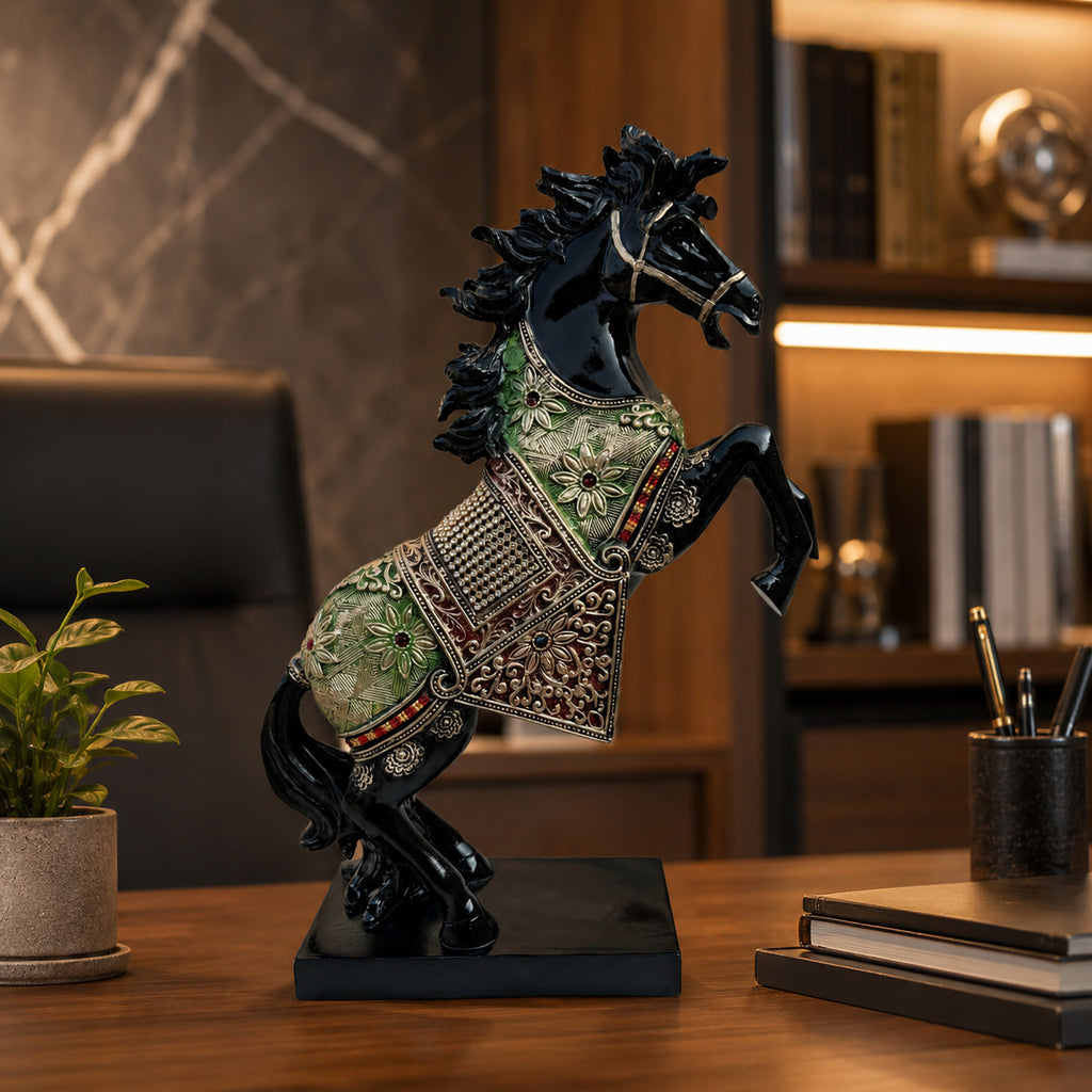 Black Horse Statue Showpiece for Home Decor, Resin, 15 Inch