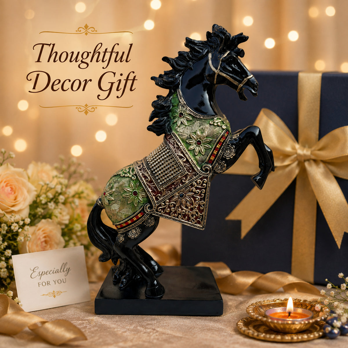 Black Horse Statue Showpiece for Home Decor, Resin, 15 Inch