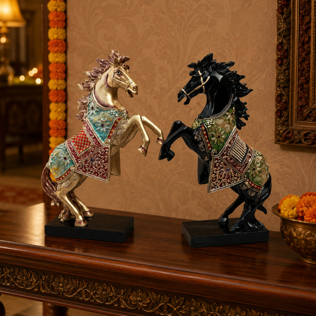 Gold Black Horse Statue Showpiece Pair, Resin, 15 Inch