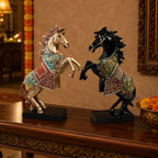 Gold Black Horse Statue Showpiece Pair, Resin, 15 Inch