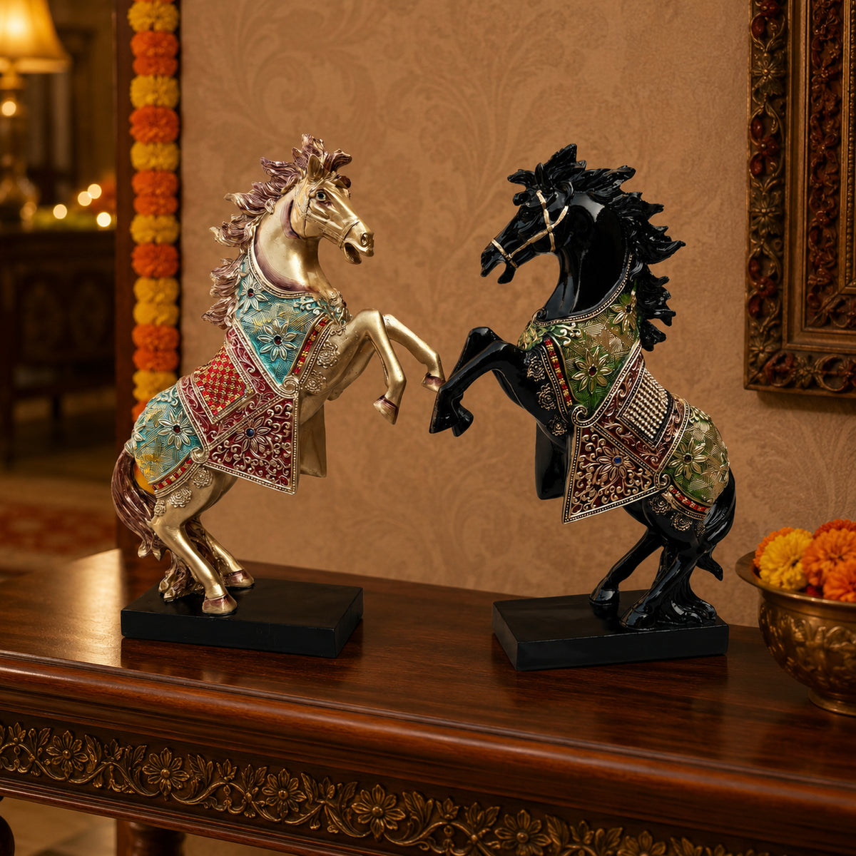 Gold Black Horse Statue Showpiece Pair, Resin, 15 Inch