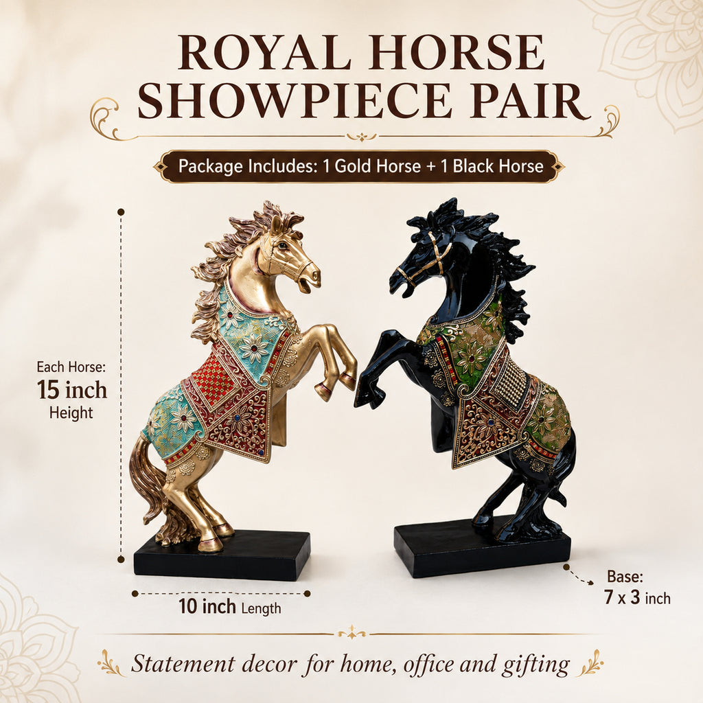 Gold Black Horse Statue Showpiece Pair, Resin, 15 Inch
