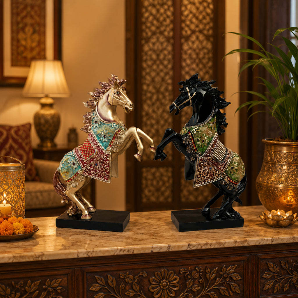 Gold Black Horse Statue Showpiece Pair, Resin, 15 Inch