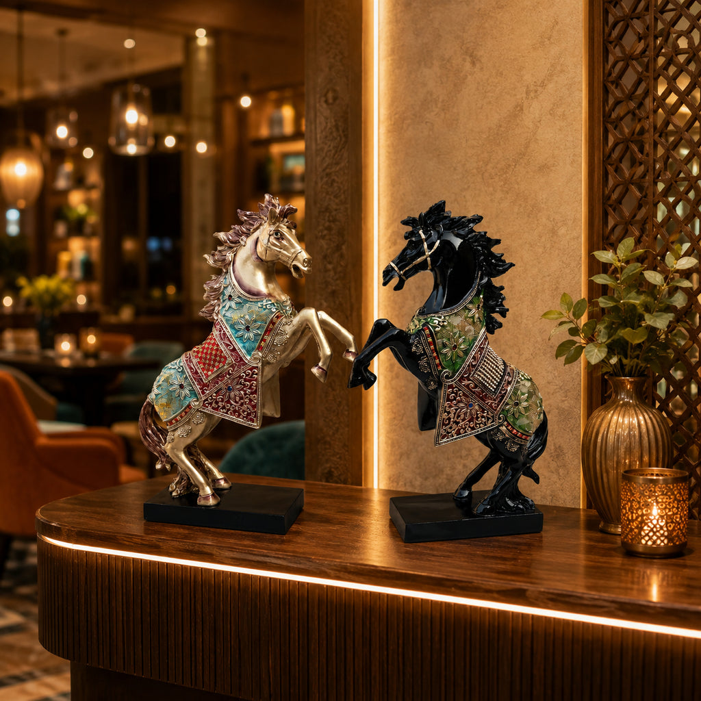 Gold Black Horse Statue Showpiece Pair, Resin, 15 Inch