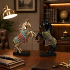 Gold Black Horse Statue Showpiece Pair, Resin, 15 Inch