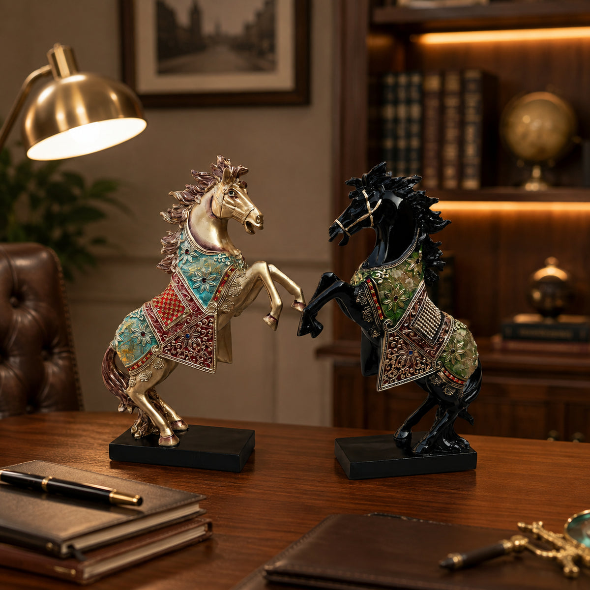 Gold Black Horse Statue Showpiece Pair, Resin, 15 Inch
