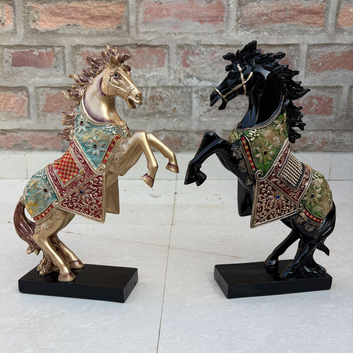 Gold Black Horse Statue Showpiece Pair, Resin, 15 Inch