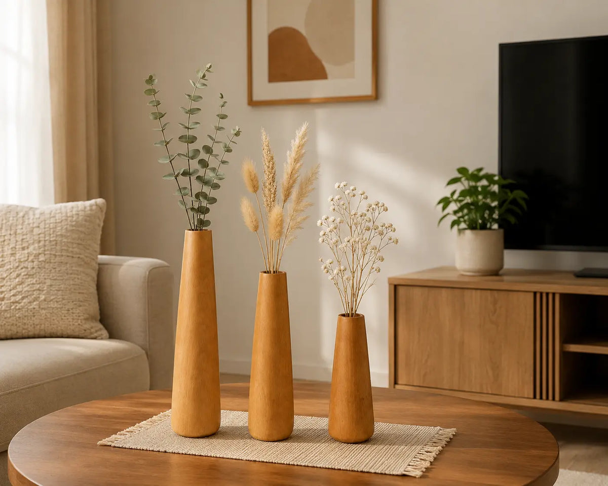 Beech Wood Flower Vase Set of 3 | Modern Tapered Bud Vases for Home & Office