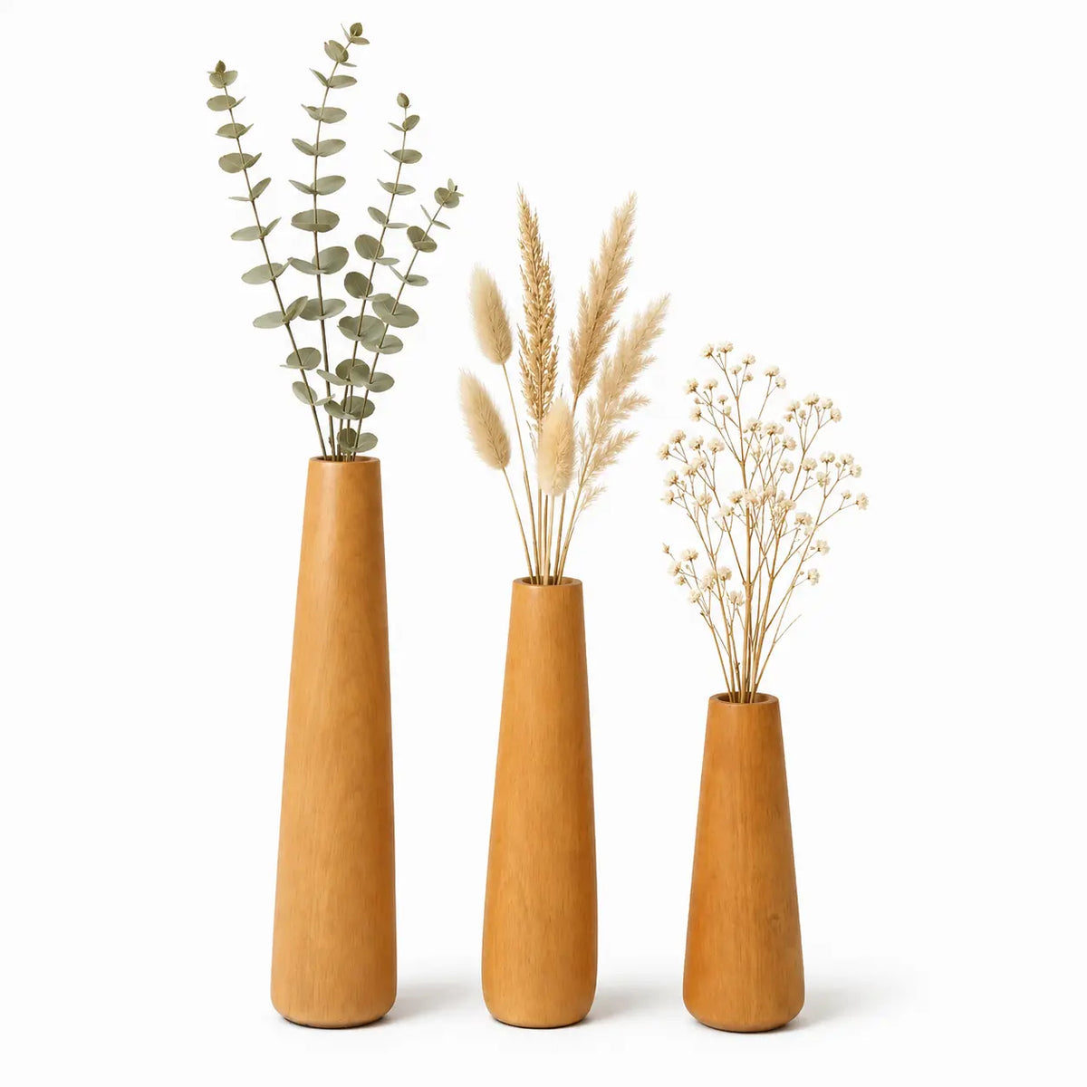 Beech Wood Flower Vase Set of 3 | Modern Tapered Bud Vases for Home & Office