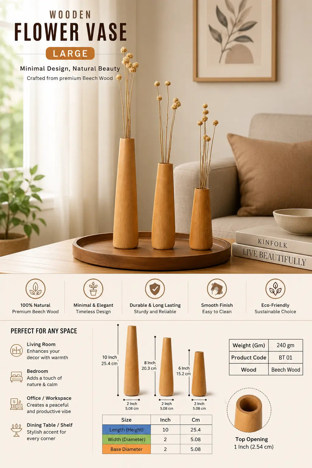 Beech Wood Flower Vase Set of 3 | Modern Tapered Bud Vases for Home & Office