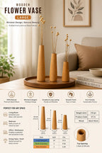 Beech Wood Flower Vase Set of 3 | Modern Tapered Bud Vases for Home & Office
