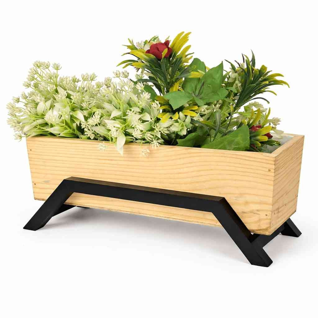 Mango Wood Planter with Metal Stand | Modern Indoor Plant Holder for Home & Office