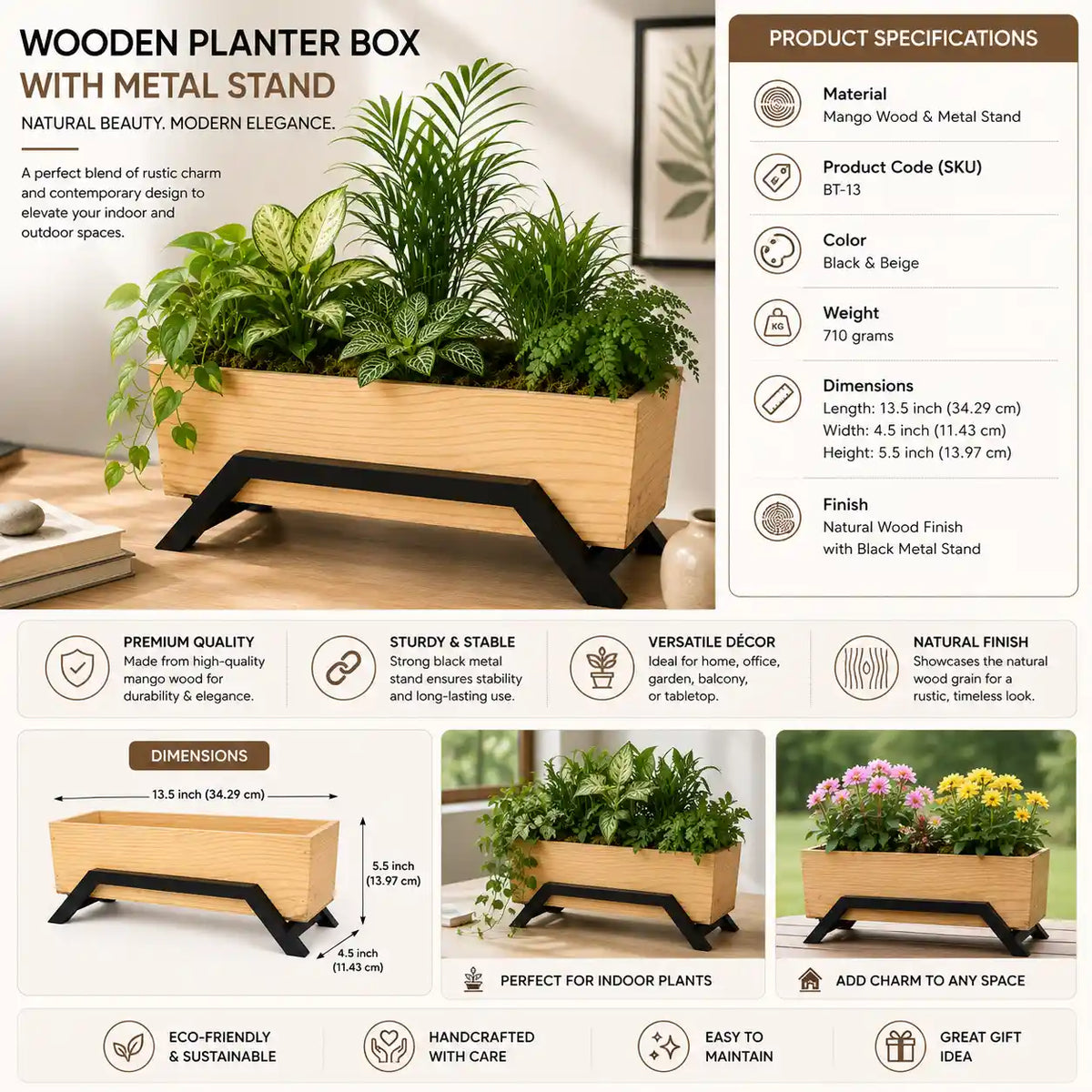 Mango Wood Planter with Metal Stand | Modern Indoor Plant Holder for Home & Office