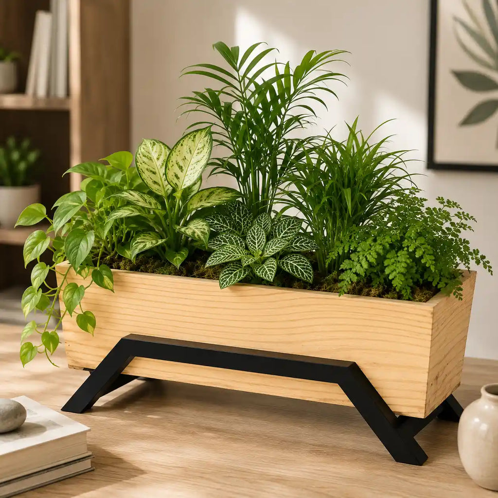 Mango Wood Planter with Metal Stand | Modern Indoor Plant Holder for Home & Office
