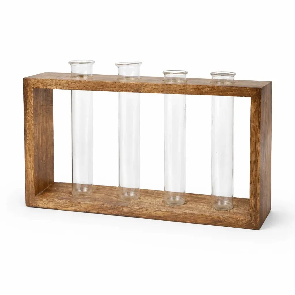 Wooden Frame Glass Test Tube Vase | Modern Multi-Stem Flower Holder for Home & Office