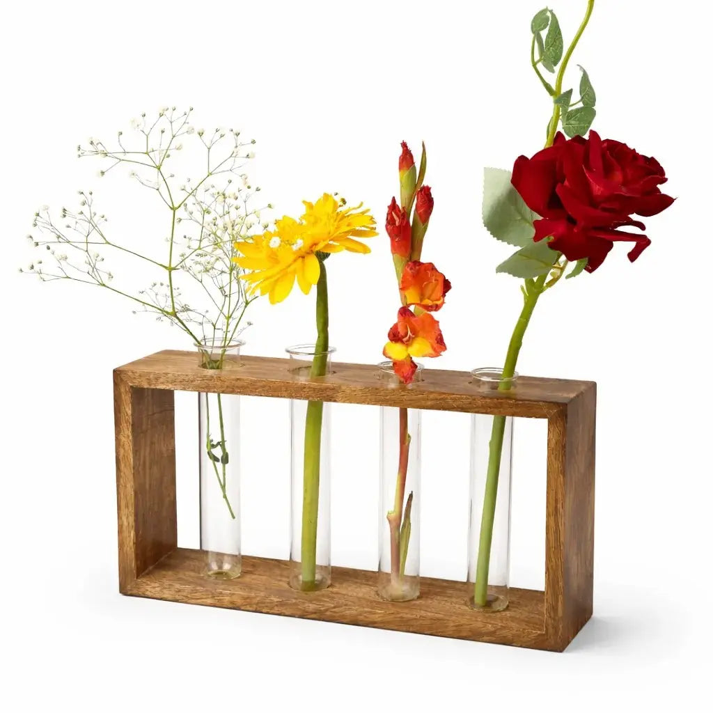Wooden Frame Glass Test Tube Vase | Modern Multi-Stem Flower Holder for Home & Office