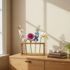 Wooden Frame Glass Test Tube Vase | Modern Multi-Stem Flower Holder for Home & Office