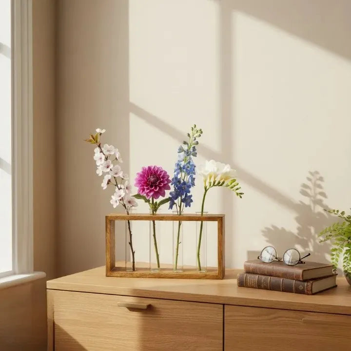 Wooden Frame Glass Test Tube Vase | Modern Multi-Stem Flower Holder for Home & Office