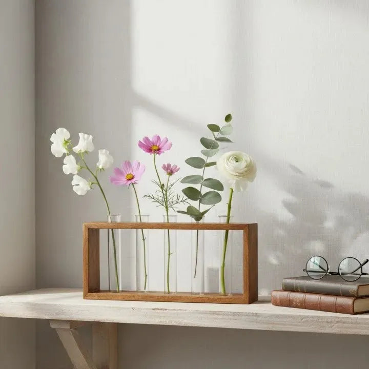 Wooden Frame Glass Test Tube Vase | Modern Multi-Stem Flower Holder for Home & Office