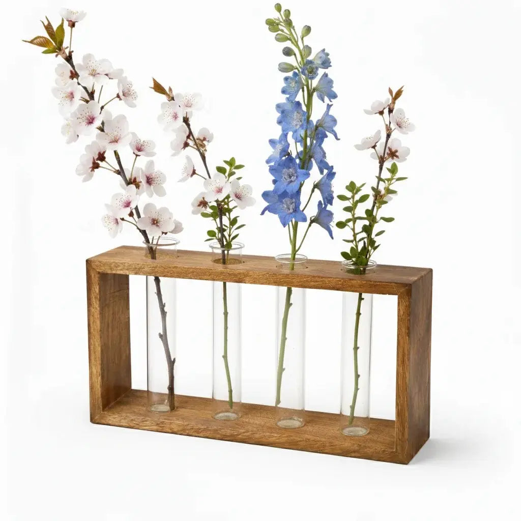 Wooden Frame Glass Test Tube Vase | Modern Multi-Stem Flower Holder for Home & Office