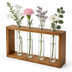 Wooden Frame Glass Test Tube Vase | Modern Multi-Stem Flower Holder for Home & Office