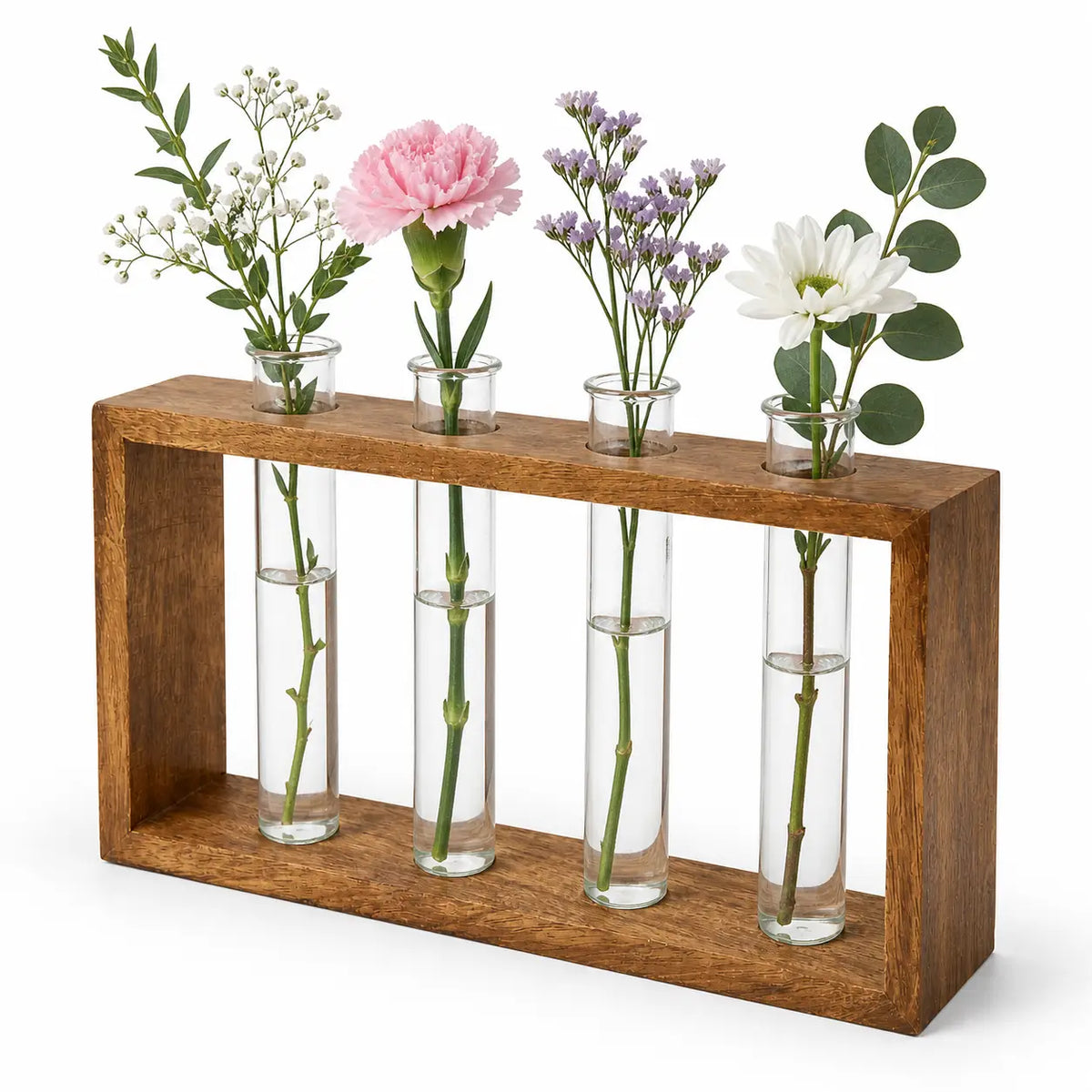 Wooden Frame Glass Test Tube Vase | Modern Multi-Stem Flower Holder for Home & Office