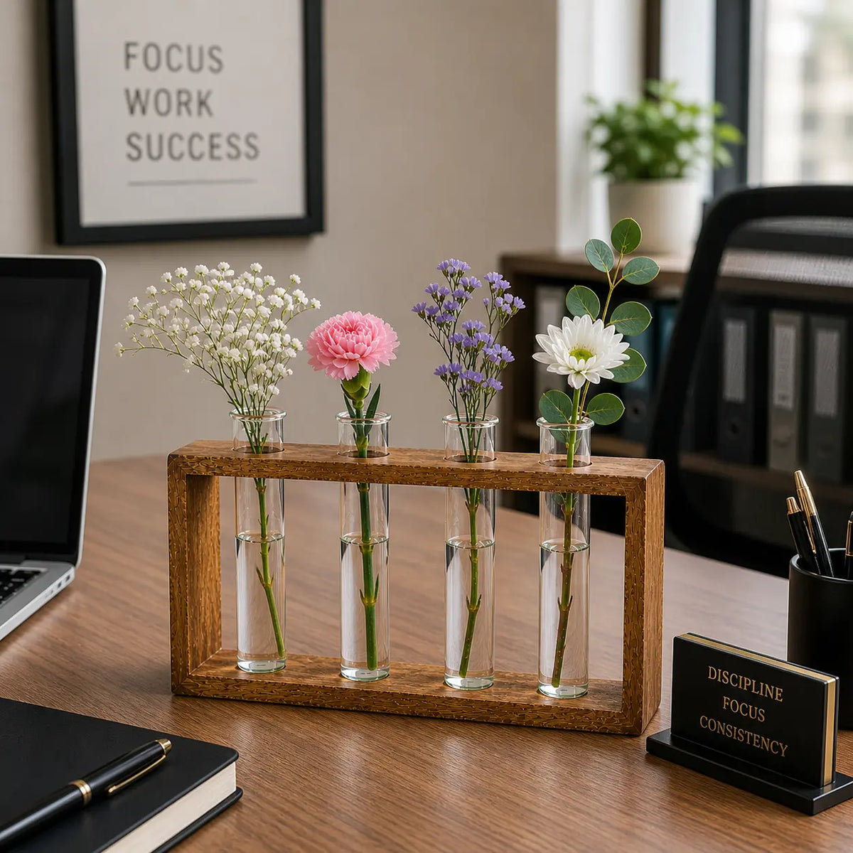 Wooden Frame Glass Test Tube Vase | Modern Multi-Stem Flower Holder for Home & Office