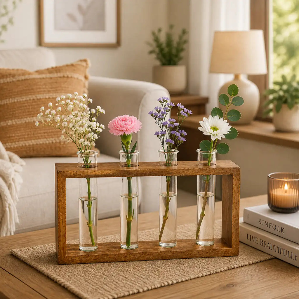Wooden Frame Glass Test Tube Vase | Modern Multi-Stem Flower Holder for Home & Office