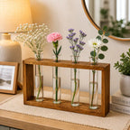 Wooden Frame Glass Test Tube Vase | Modern Multi-Stem Flower Holder for Home & Office