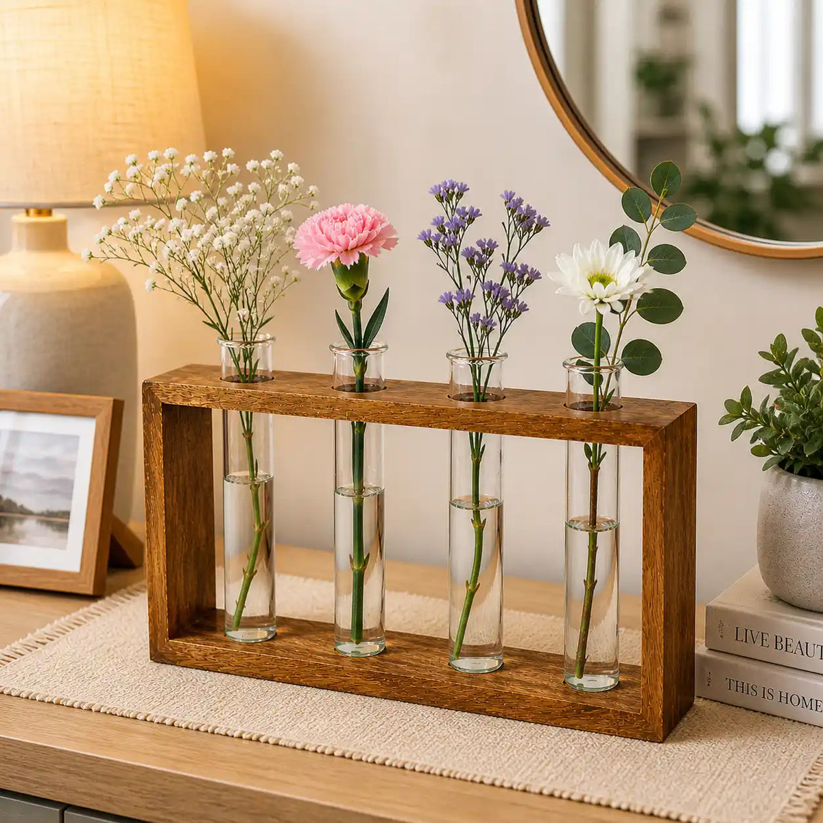 Wooden Frame Glass Test Tube Vase | Modern Multi-Stem Flower Holder for Home & Office