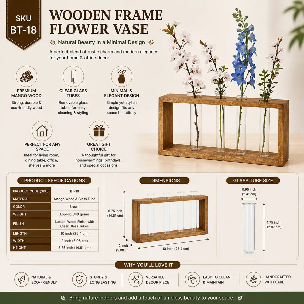 Wooden Frame Glass Test Tube Vase | Modern Multi-Stem Flower Holder for Home & Office