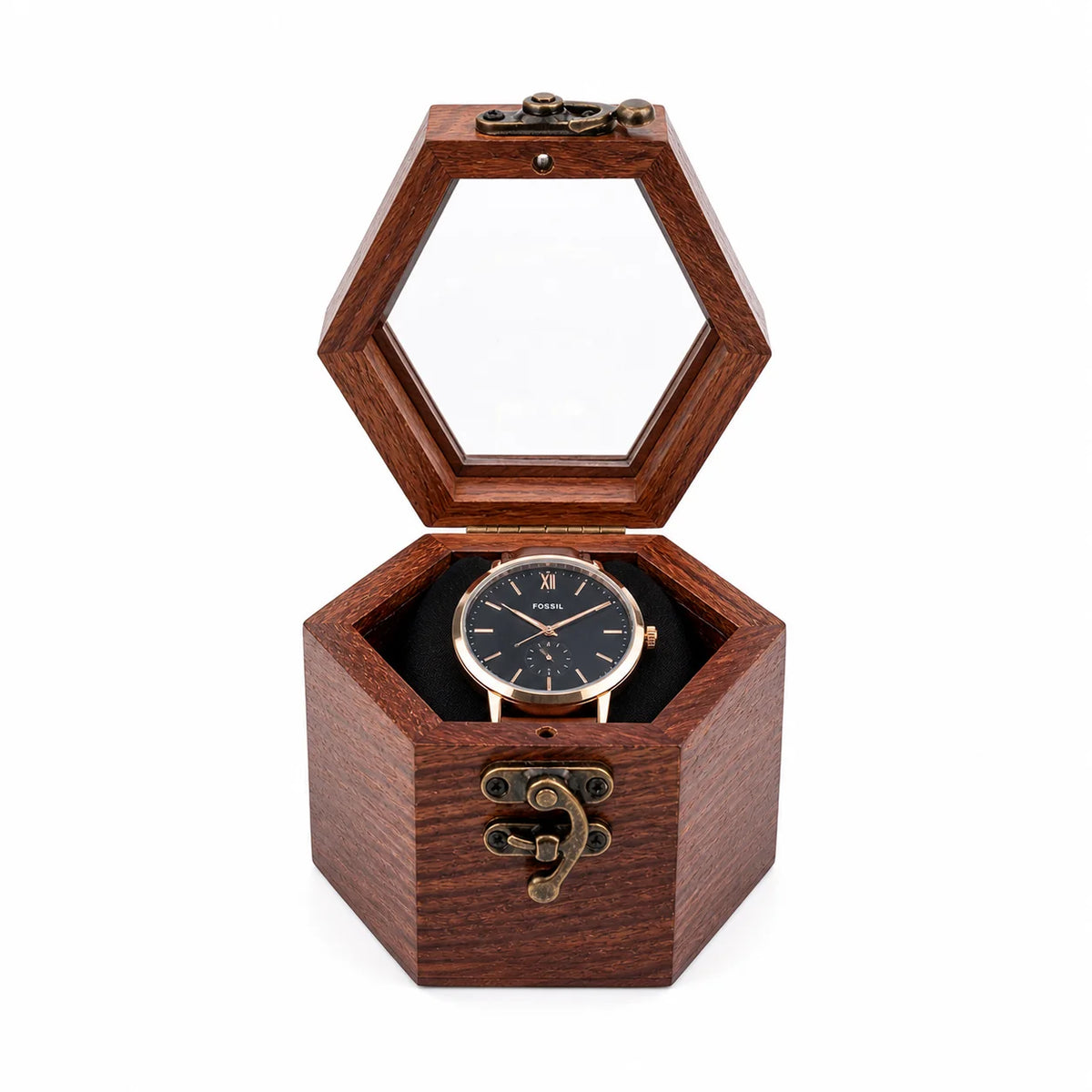 Rosewood Hexagon Watch Box | Glass Lid Wooden Watch Storage for Men & Women