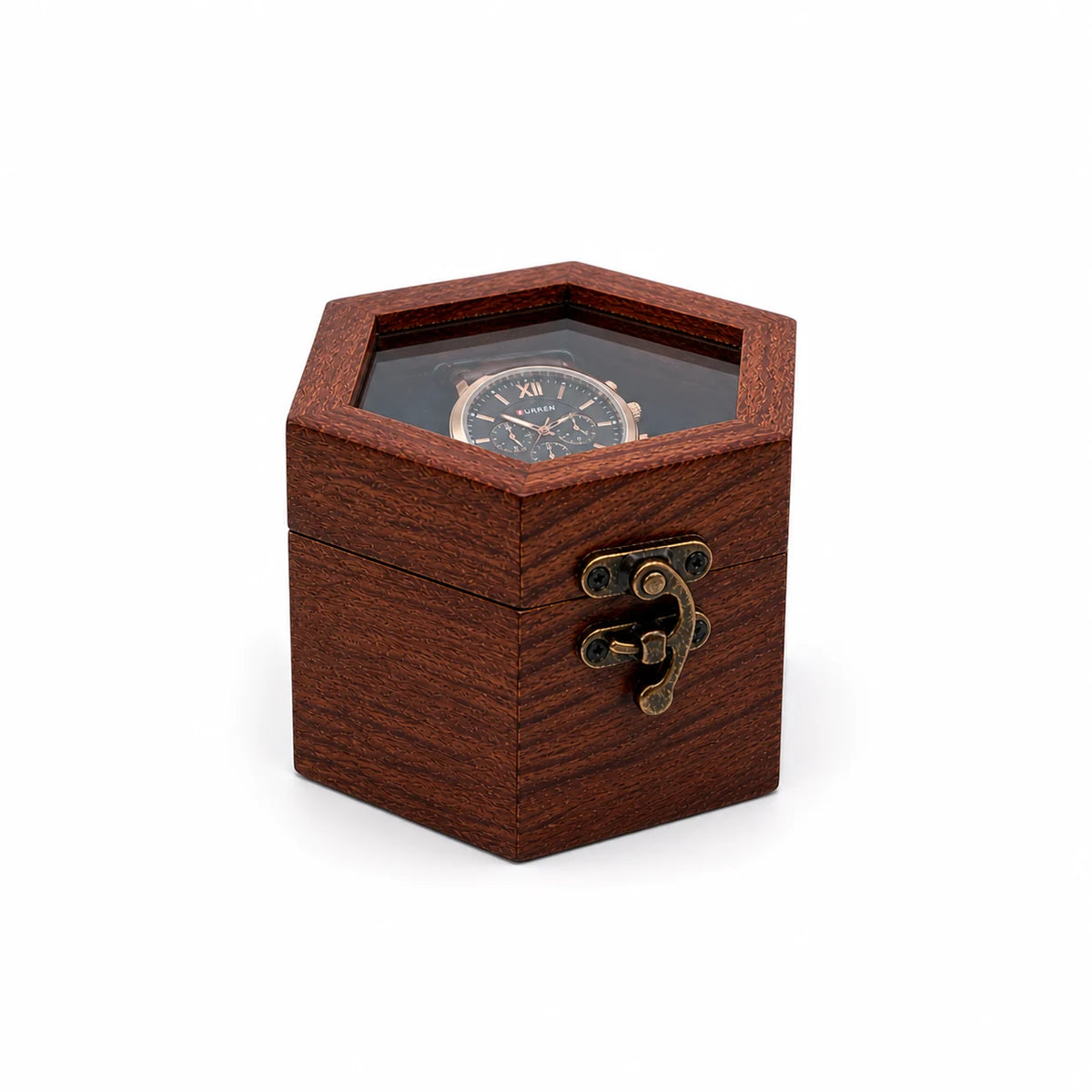 Rosewood Hexagon Watch Box | Glass Lid Wooden Watch Storage for Men & Women