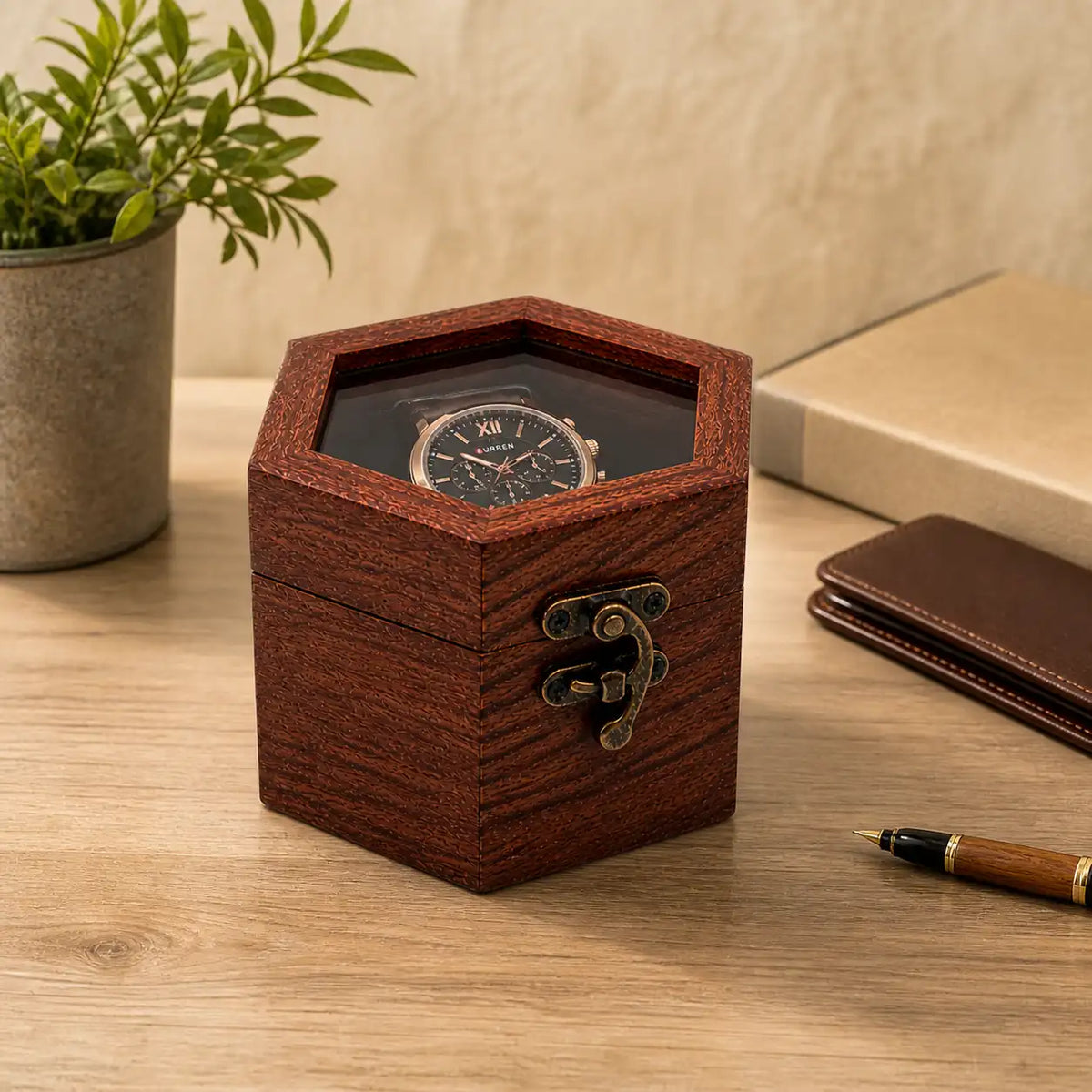 Rosewood Hexagon Watch Box | Glass Lid Wooden Watch Storage for Men & Women