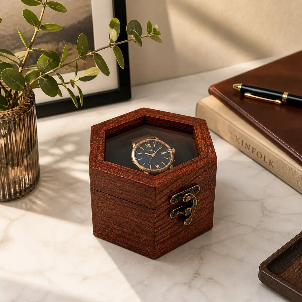 Rosewood Hexagon Watch Box | Glass Lid Wooden Watch Storage for Men & Women