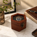Rosewood Hexagon Watch Box | Glass Lid Wooden Watch Storage for Men & Women
