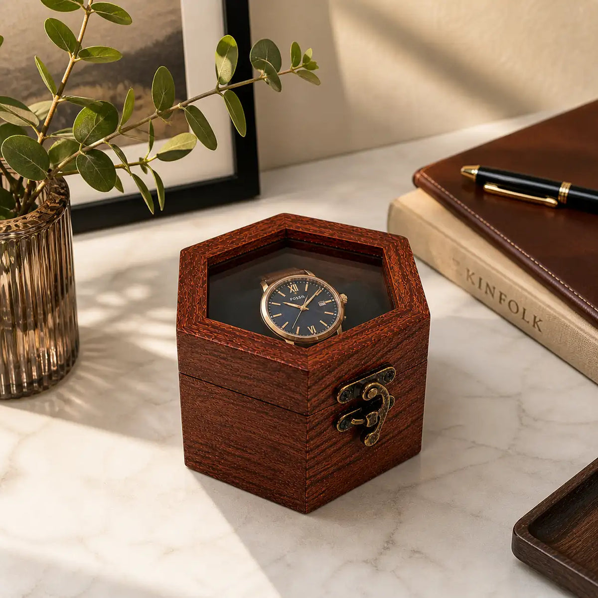 Rosewood Hexagon Watch Box | Glass Lid Wooden Watch Storage for Men & Women