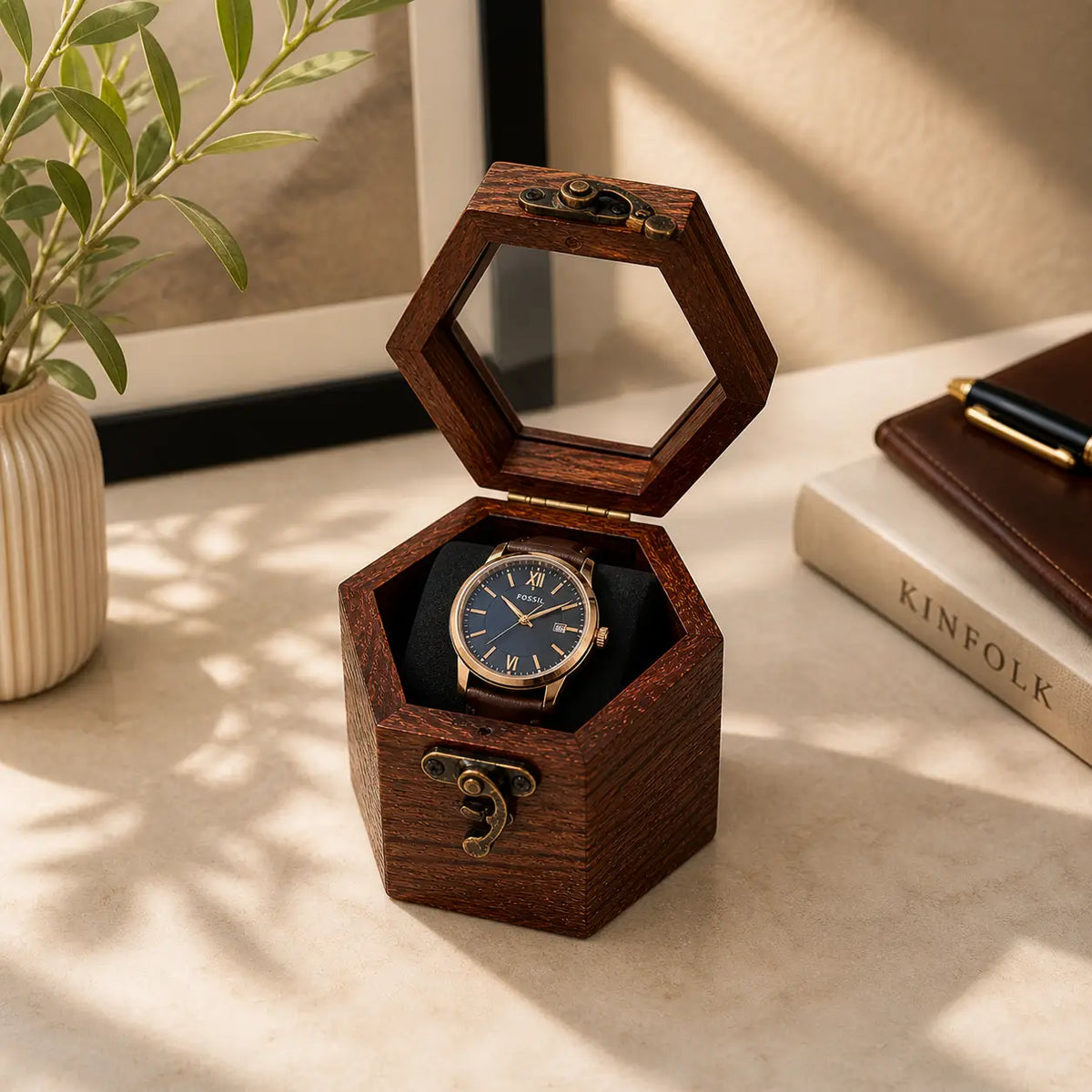 Rosewood Hexagon Watch Box | Glass Lid Wooden Watch Storage for Men & Women