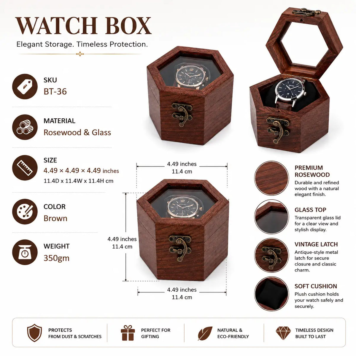 Rosewood Hexagon Watch Box | Glass Lid Wooden Watch Storage for Men & Women