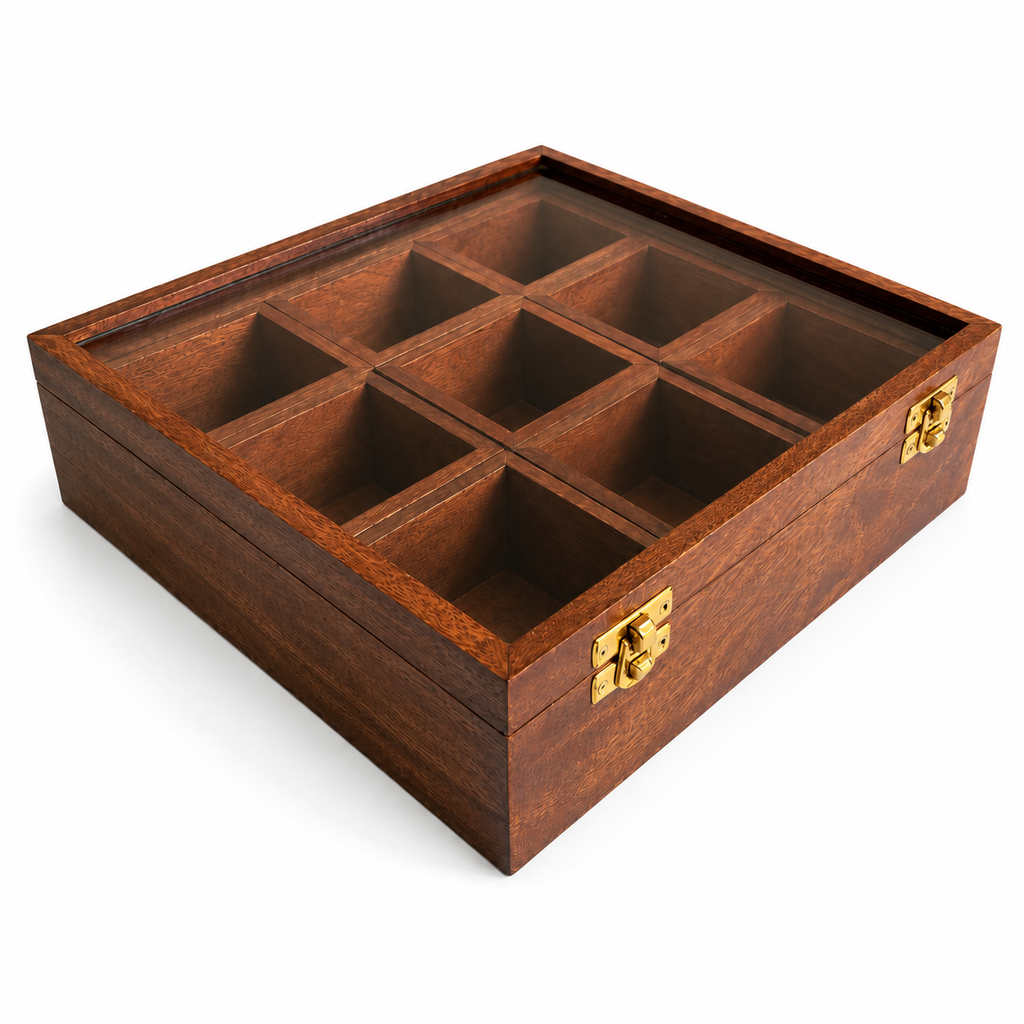 Sheesham Wood 9-Compartment Storage Box | Glass Lid Organizer for Dry Fruits, Spices & Jewelry