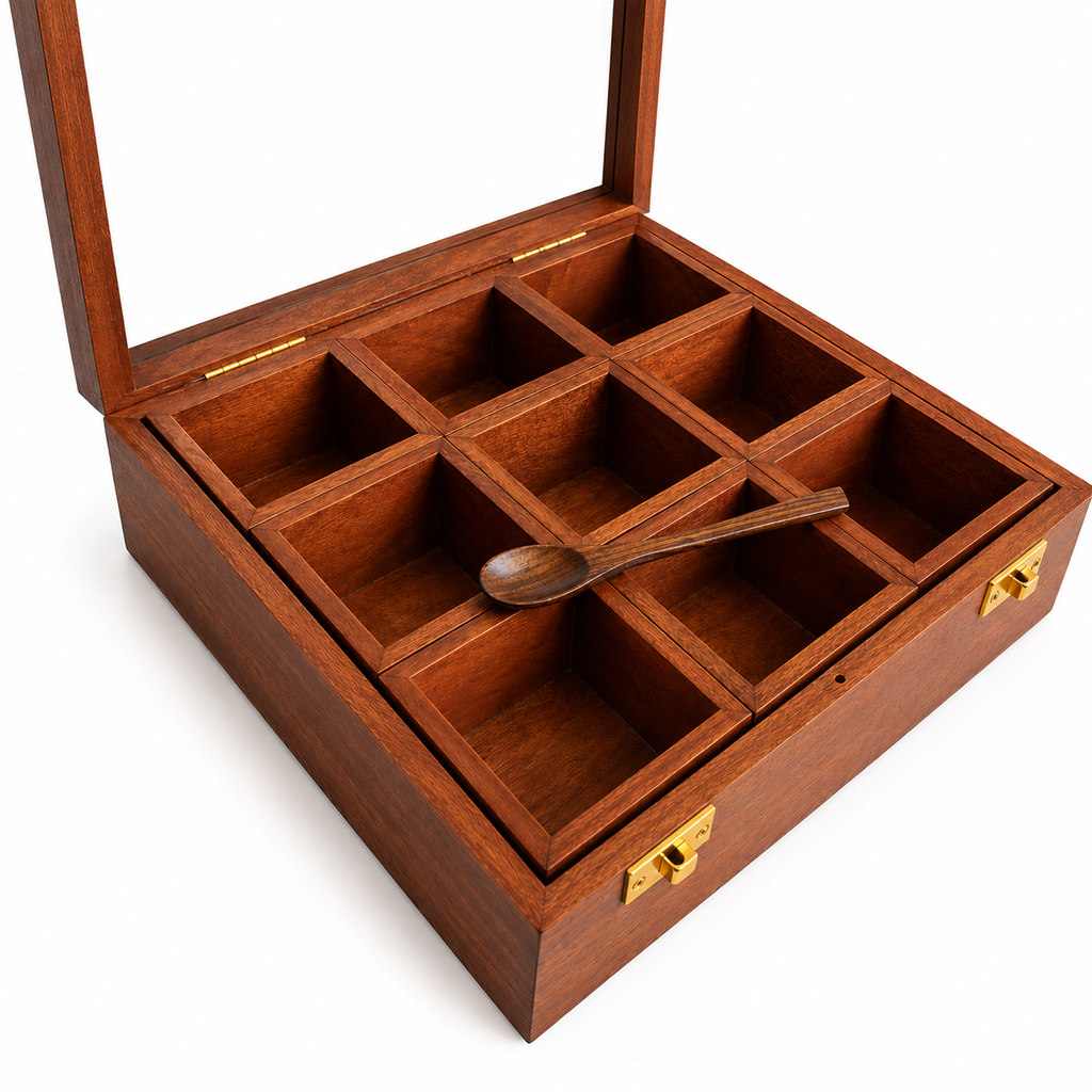 Sheesham Wood 9-Compartment Storage Box | Glass Lid Organizer for Dry Fruits, Spices & Jewelry