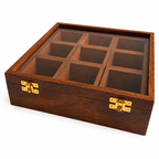 Sheesham Wood 9-Compartment Storage Box | Glass Lid Organizer for Dry Fruits, Spices & Jewelry