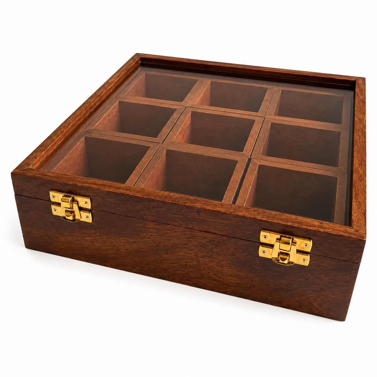 Sheesham Wood 9-Compartment Storage Box | Glass Lid Organizer for Dry Fruits, Spices & Jewelry