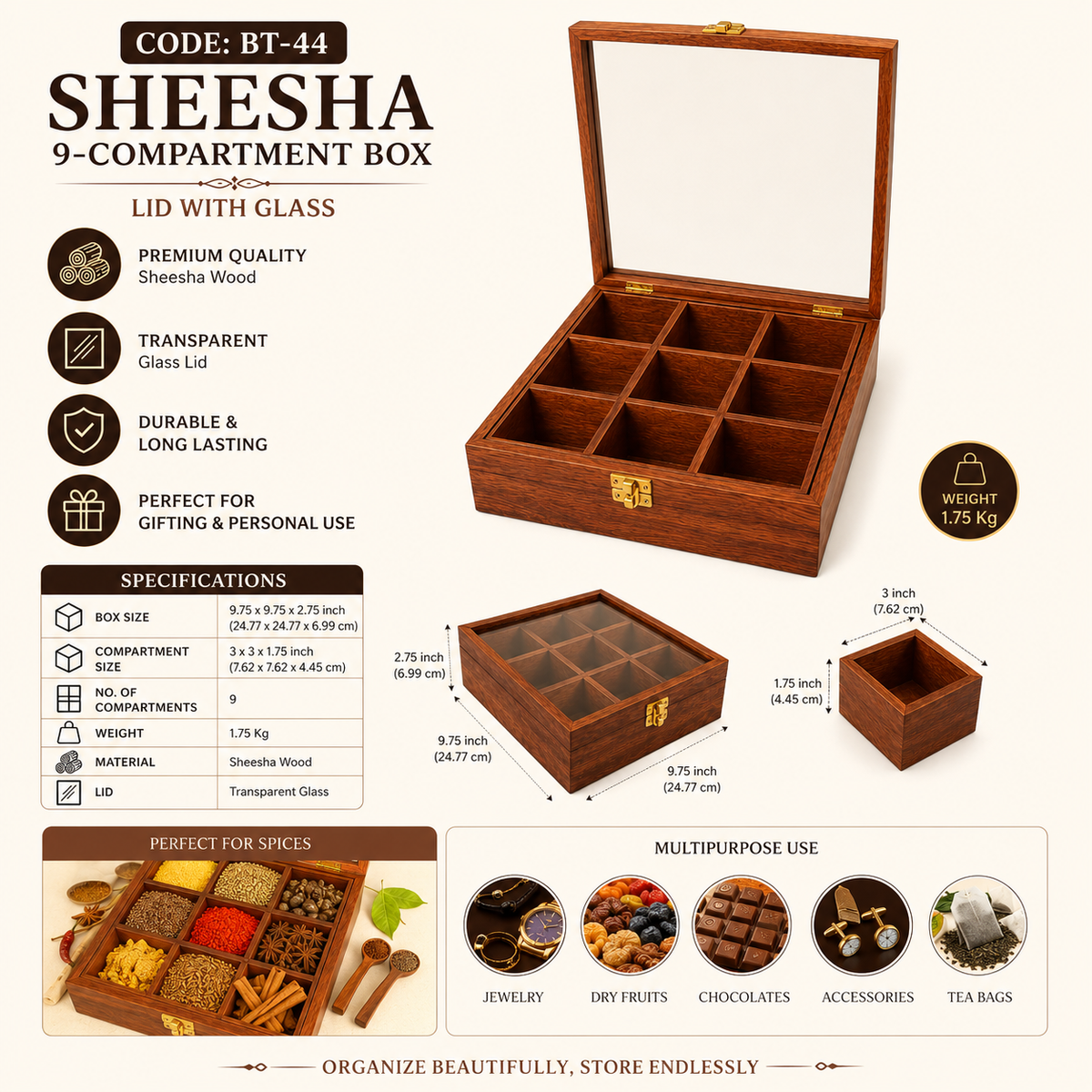Sheesham Wood 9-Compartment Storage Box | Glass Lid Organizer for Dry Fruits, Spices & Jewelry