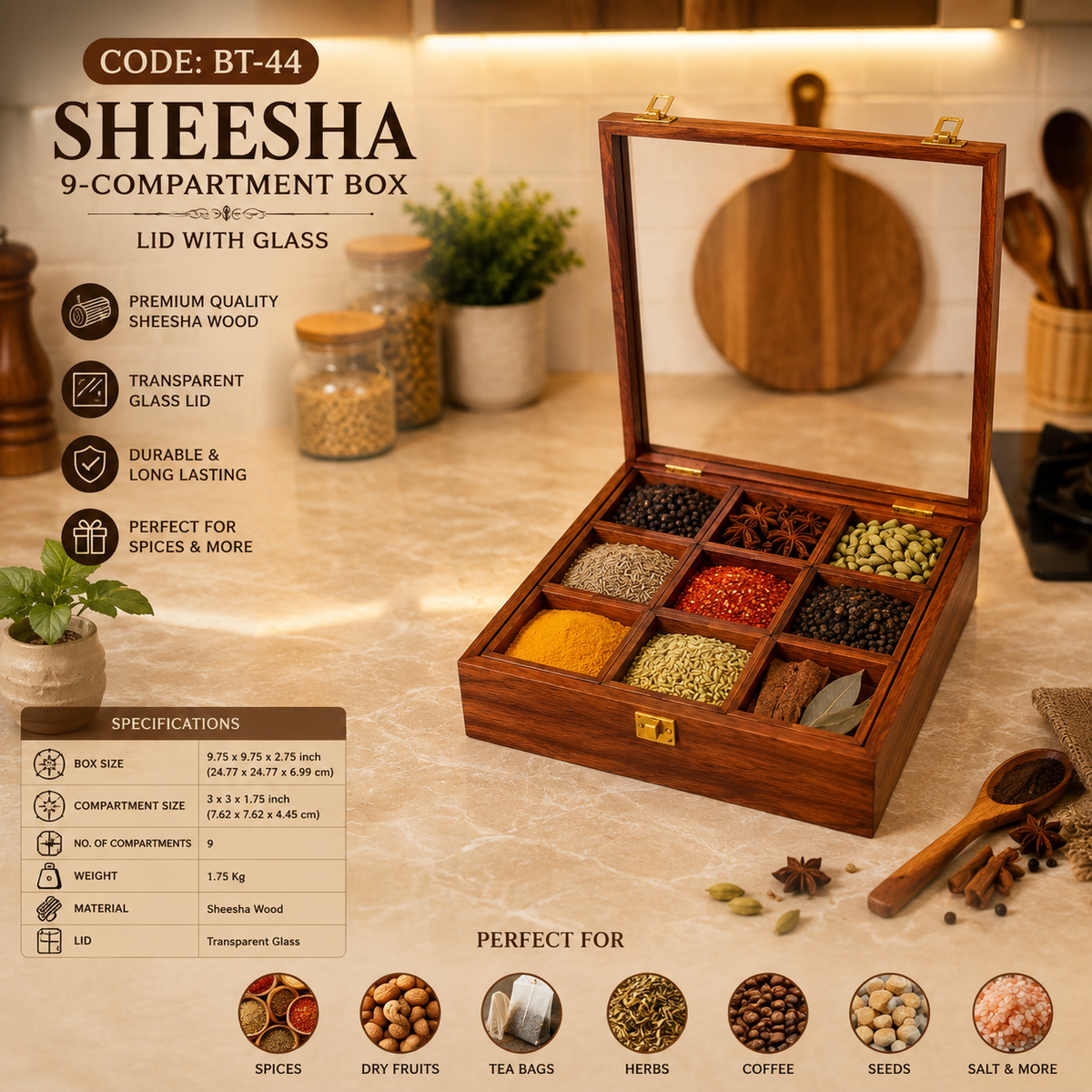 Sheesham Wood 9-Compartment Storage Box | Glass Lid Organizer for Dry Fruits, Spices & Jewelry